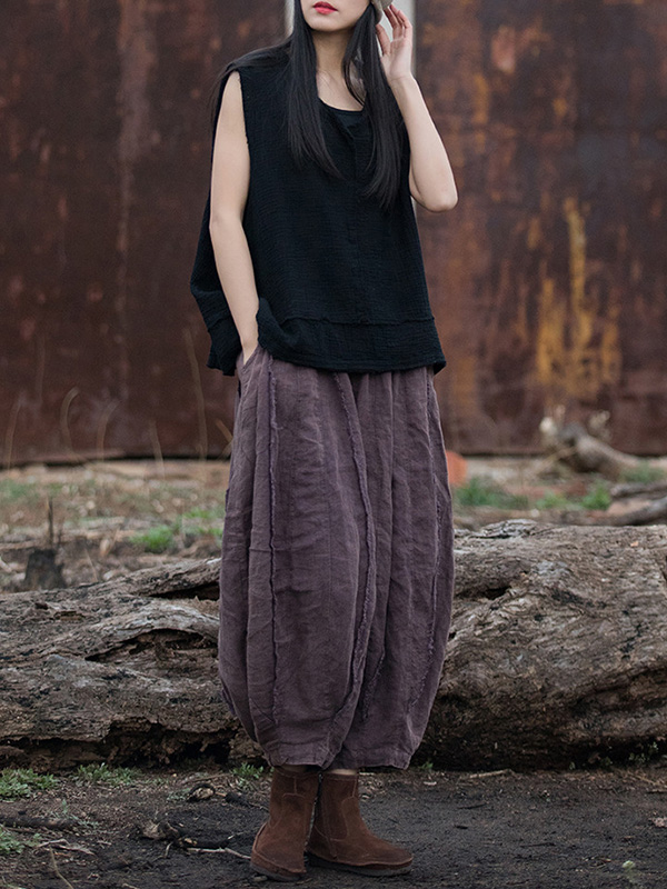 Fringed Pleated Solid Color Split-Joint Loose Sleeveless V-Neck Vest Top