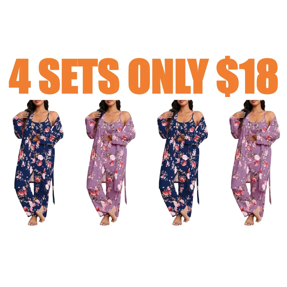3-Piece Set Floral Print Belted Lounge Robe & Cami Top & Elastic