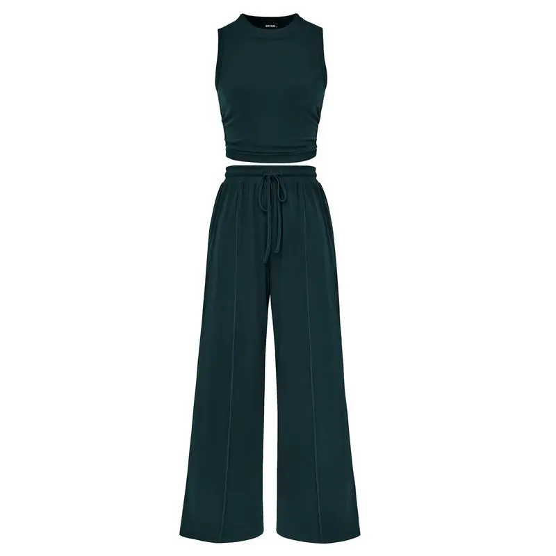 Women's Summer 2-Piece Outfits - Ribbed Knit Crew Neck Sleeveless Cropped Top & Wide Leg Pants Lounge Set