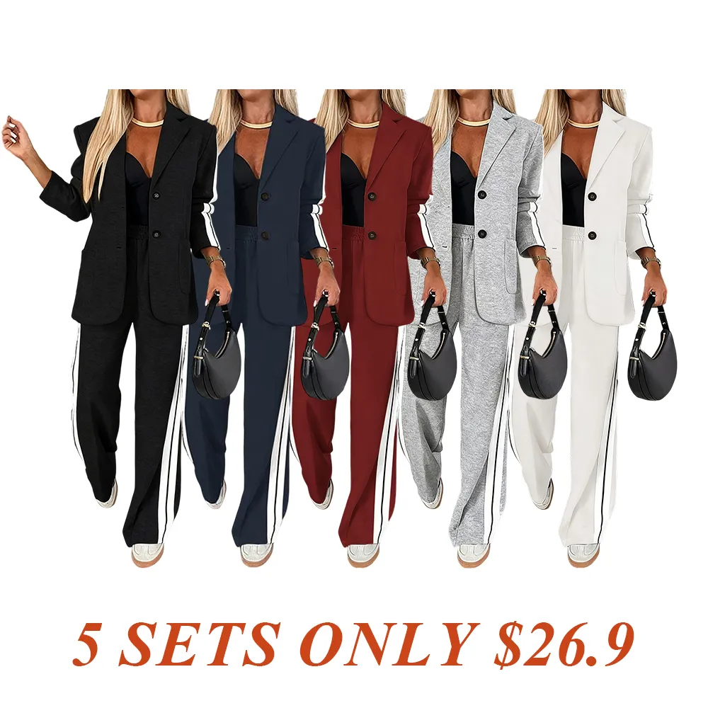 Women's Striped Print Blazer Jacket & Wide Leg Pants Set