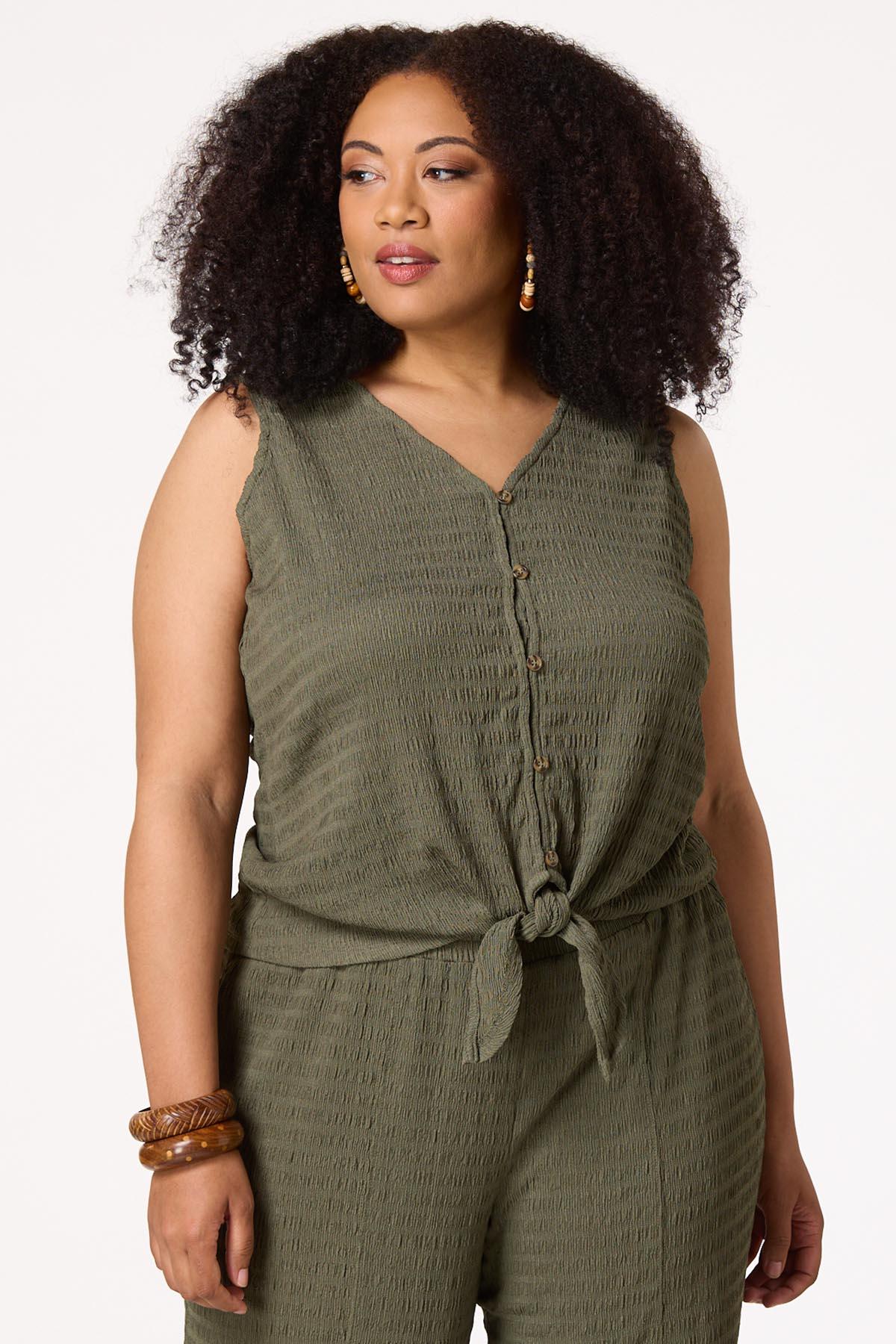 Plus Size Textured Button Tie Hem Tank