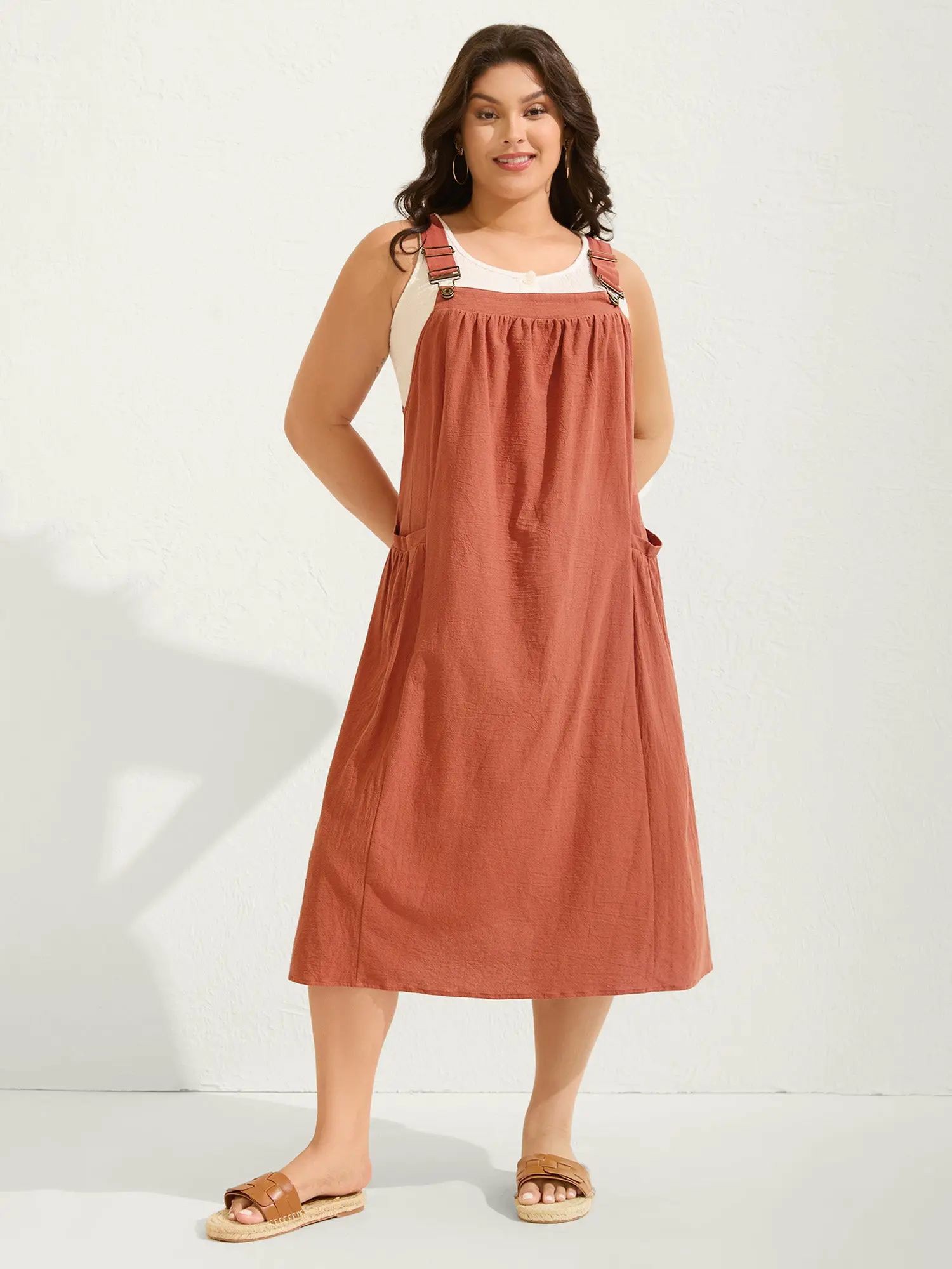 【Summer Turn-Up】【Pocket Approved】 Rust Pure Cotton Pleated Pockets Midi Dress