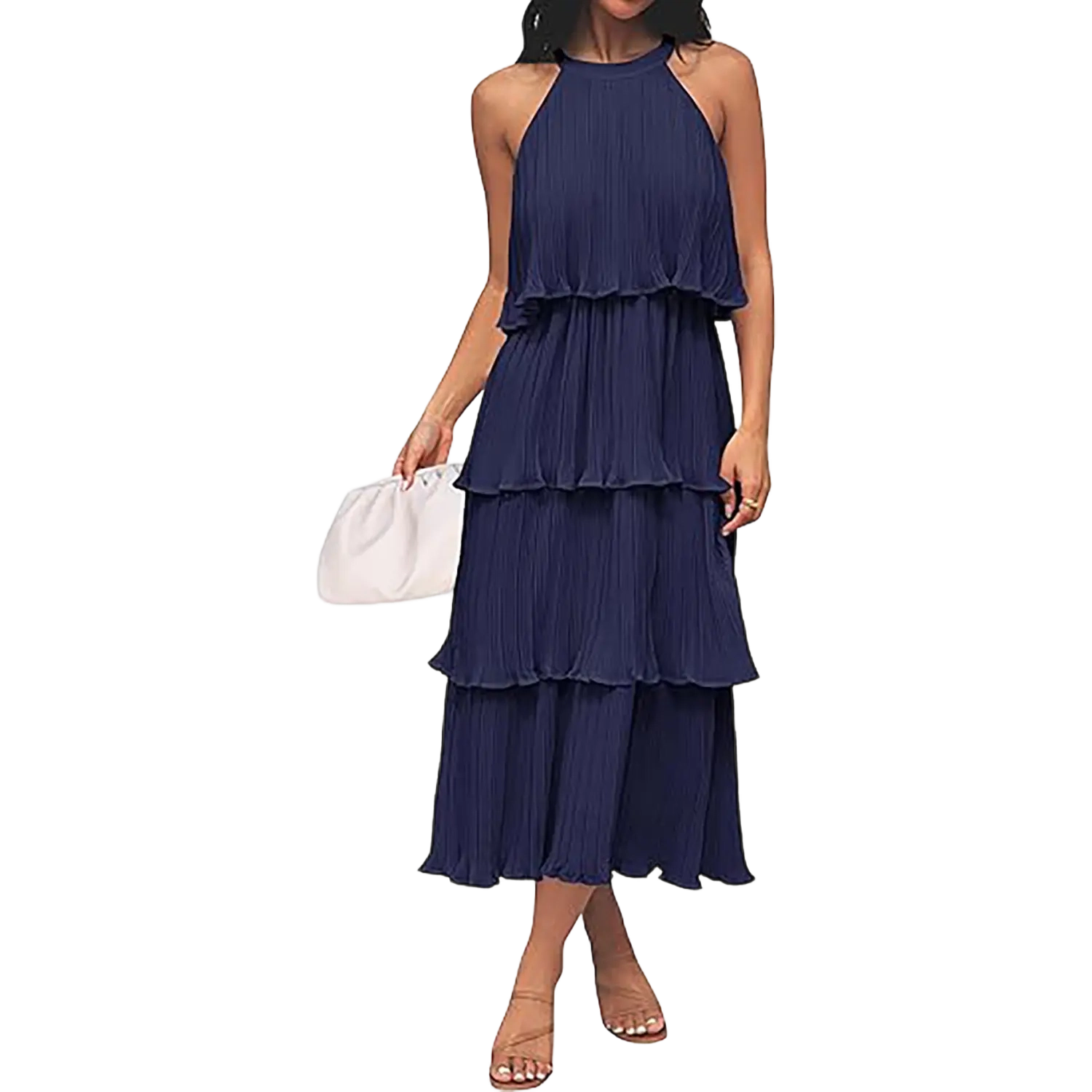 Women's 2025 Summer Sleeveless Halter Neck Ruffle Tiered Layed Chiffon Flowy Swing Long Midi Dress