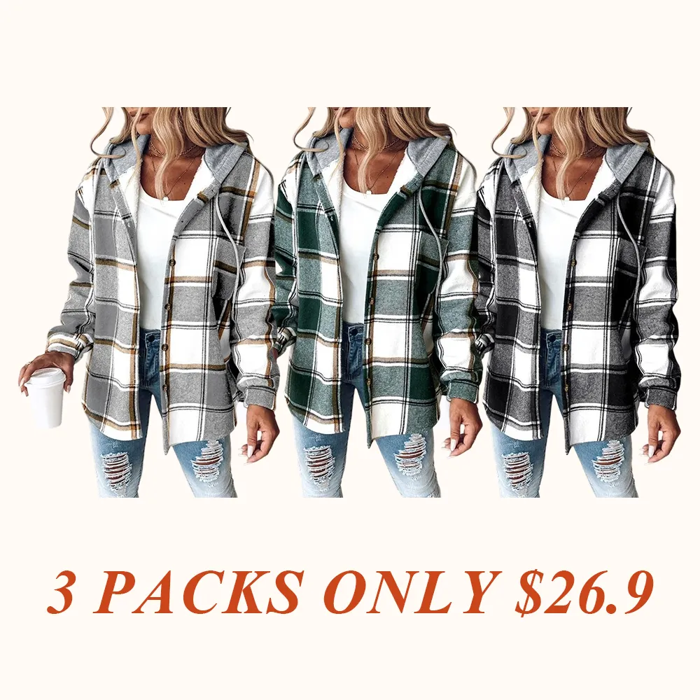 Women's Plaid Pattern Long Sleeve Shacket Button Down Fleece Lined Hooded Jackets Warm Coat
