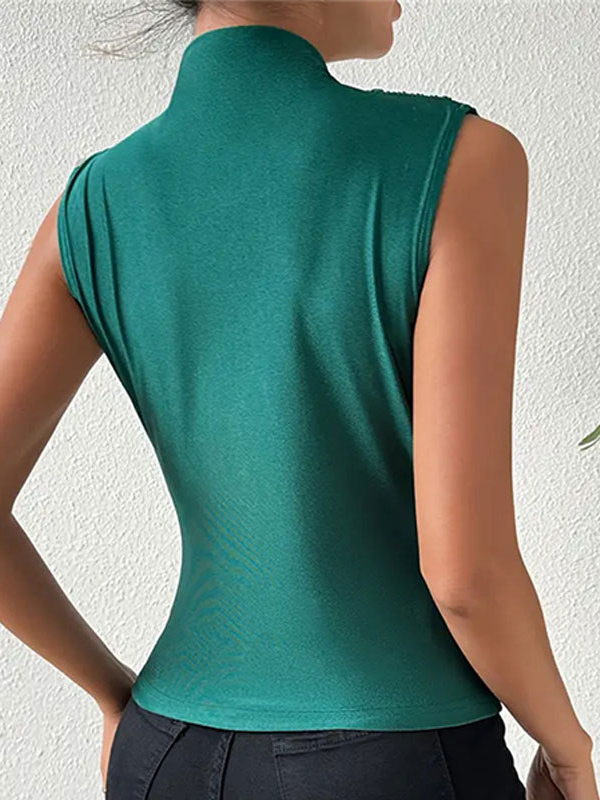 Pleated Solid Color Split-Joint Skinny Sleeveless High Neck Vest Top