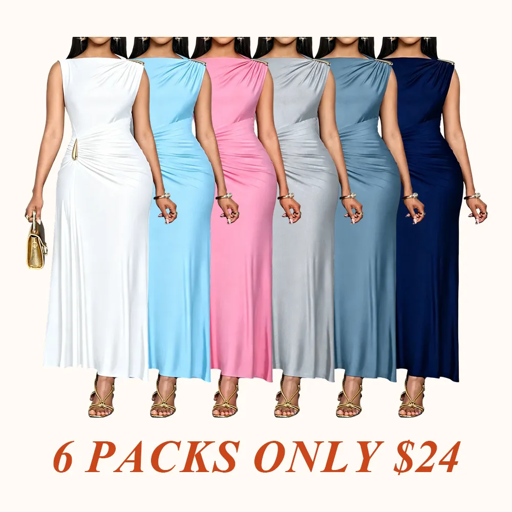 Aliling Elegant Chic Sleeveless Midi Dress for Women High Waist Folds Boat Neck Bodycon Fitted