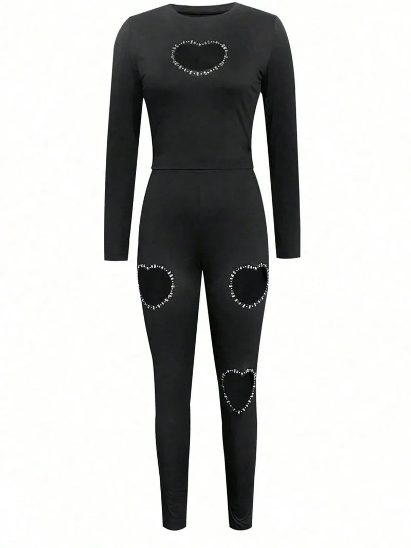 Two-Piece Set Women's Rhinestone Heart Decor Cut Out Crop Top & Skinny Pants Set