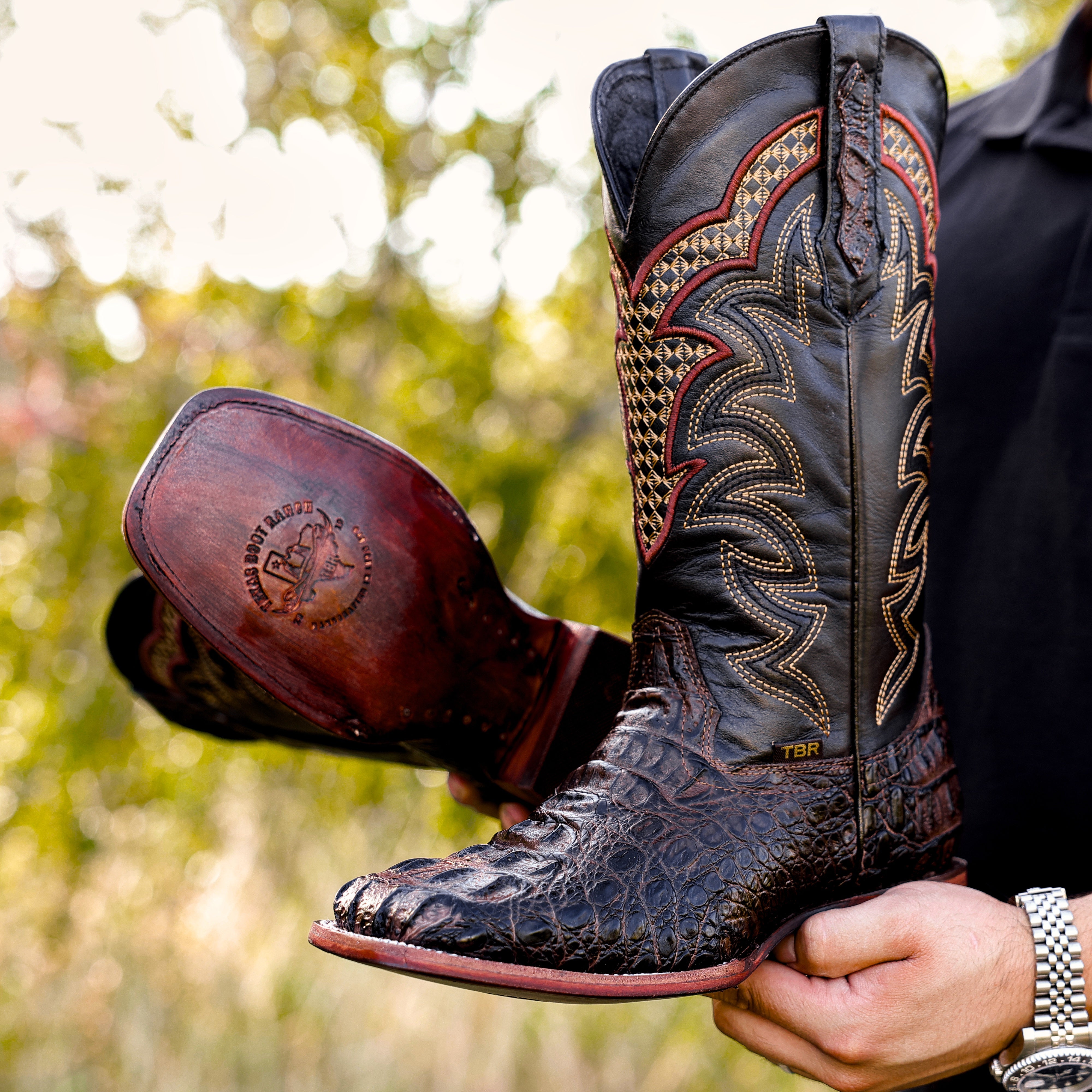 Chocolate Brown Caiman Neck Leather Boots - Square Toe