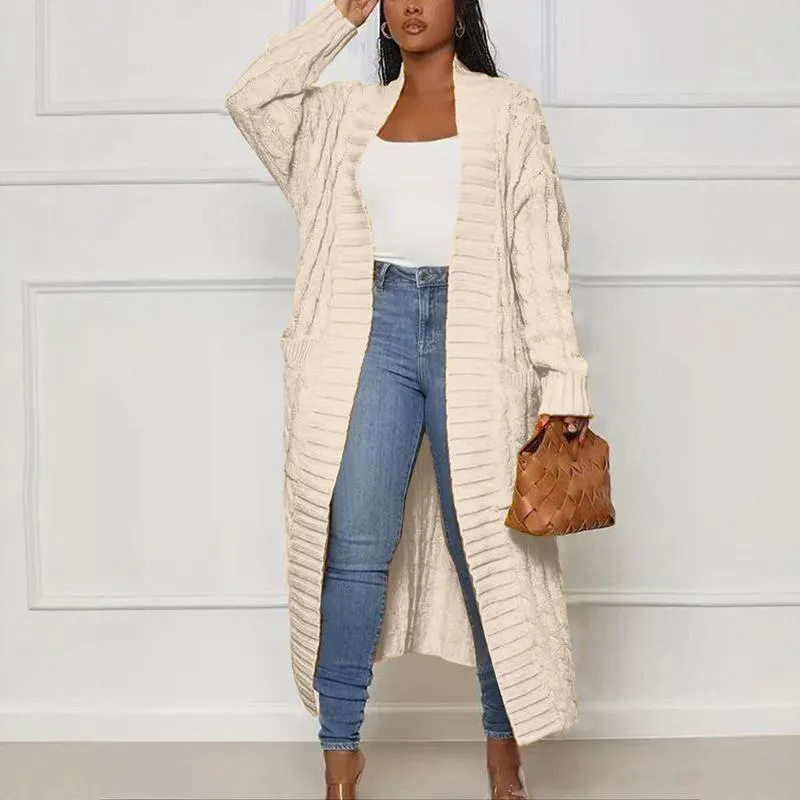 Women's Solid Color Textured Drop Shoulder Pocket Longline Cardigan