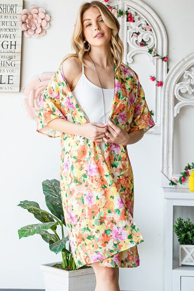 Full Size Half Sleeve Multi Color Floral Open Cardigan