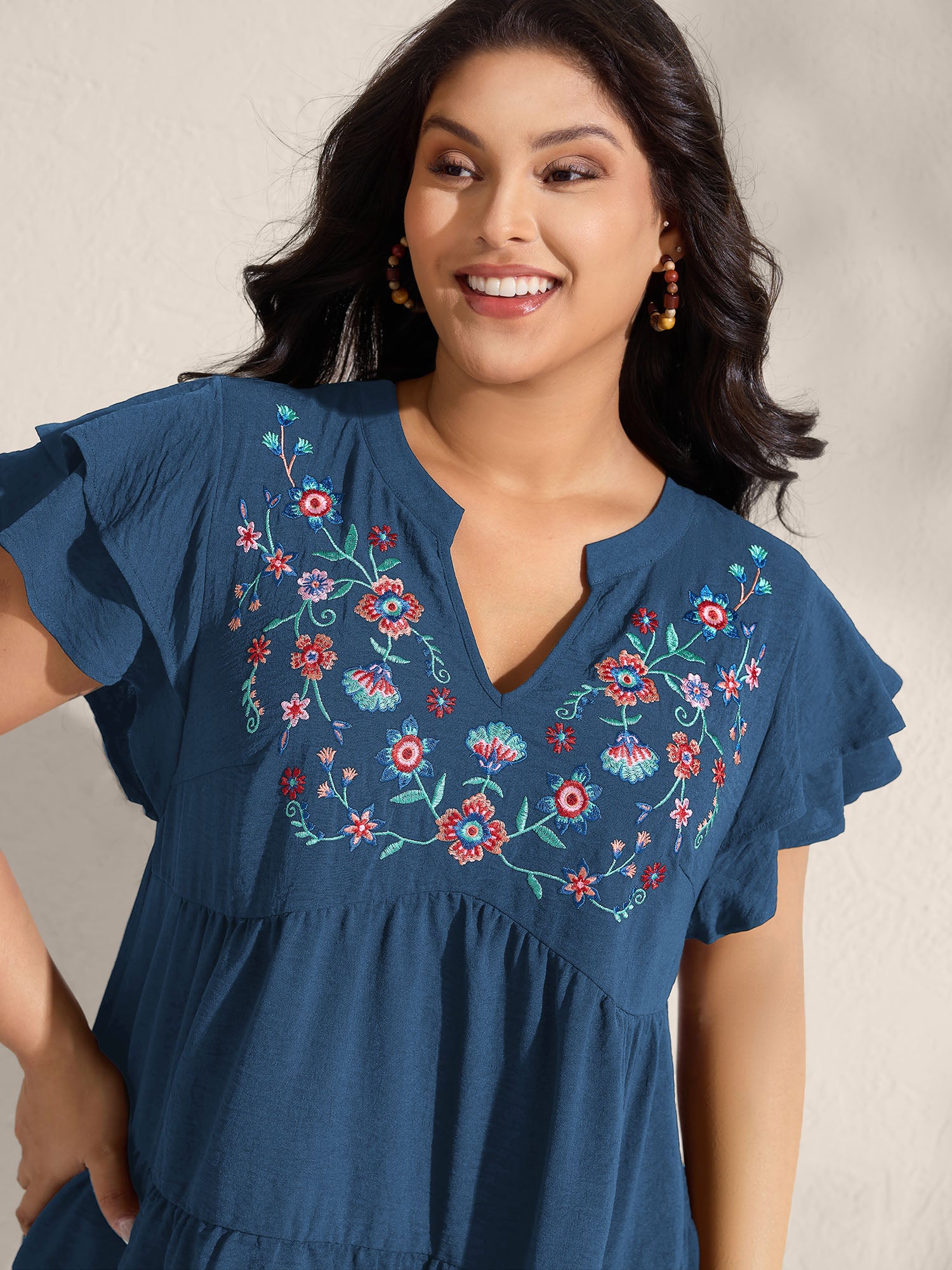 Embroidered Neckline A-Line Ruffled Knee-Length Dress