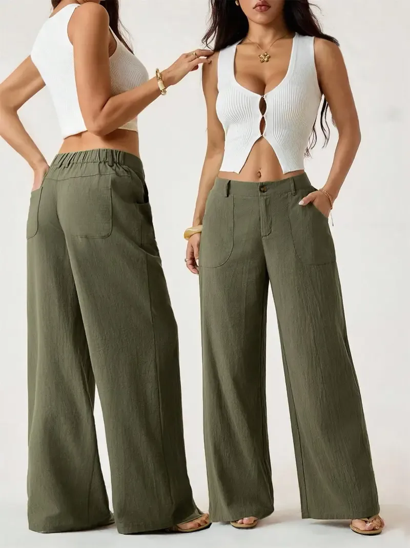 Women's Classic Linen Wide-Leg Pants — Flowy, Wide-Straight Beach Trousers for Summer (With Pockets)