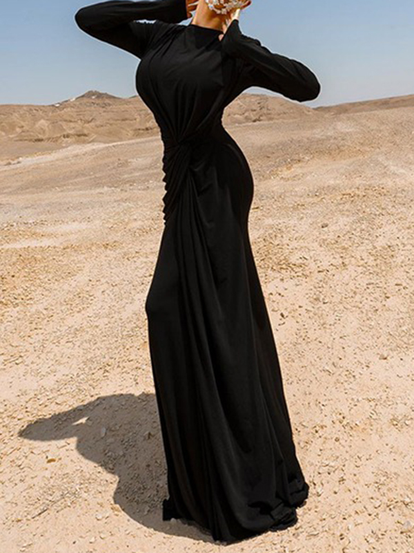 Solid Color Long Sleeves Mermaid Round-neck Maxi Dresses Evening Dresses