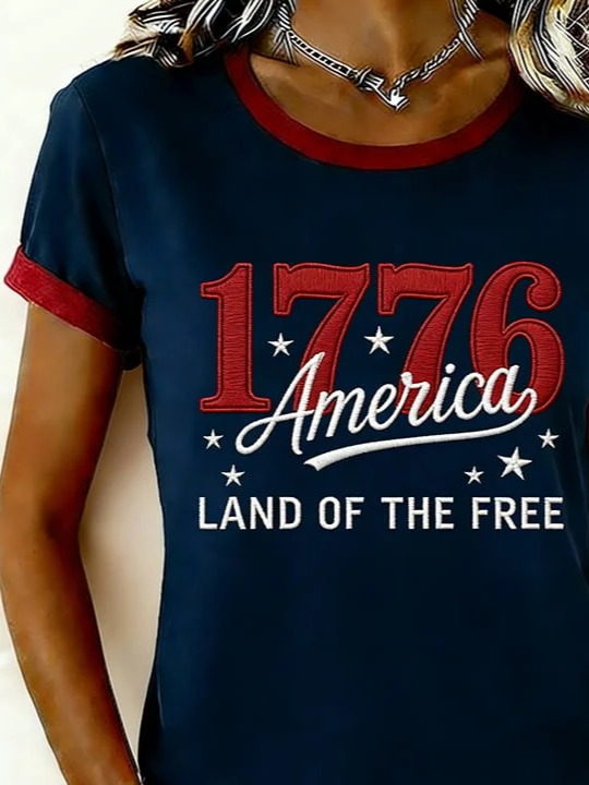 Women's Short Sleeve T-shirt Summer Navyblue Independence Day (Flag) Printing Jersey Crew Neck Daily Going Out Casual Top
