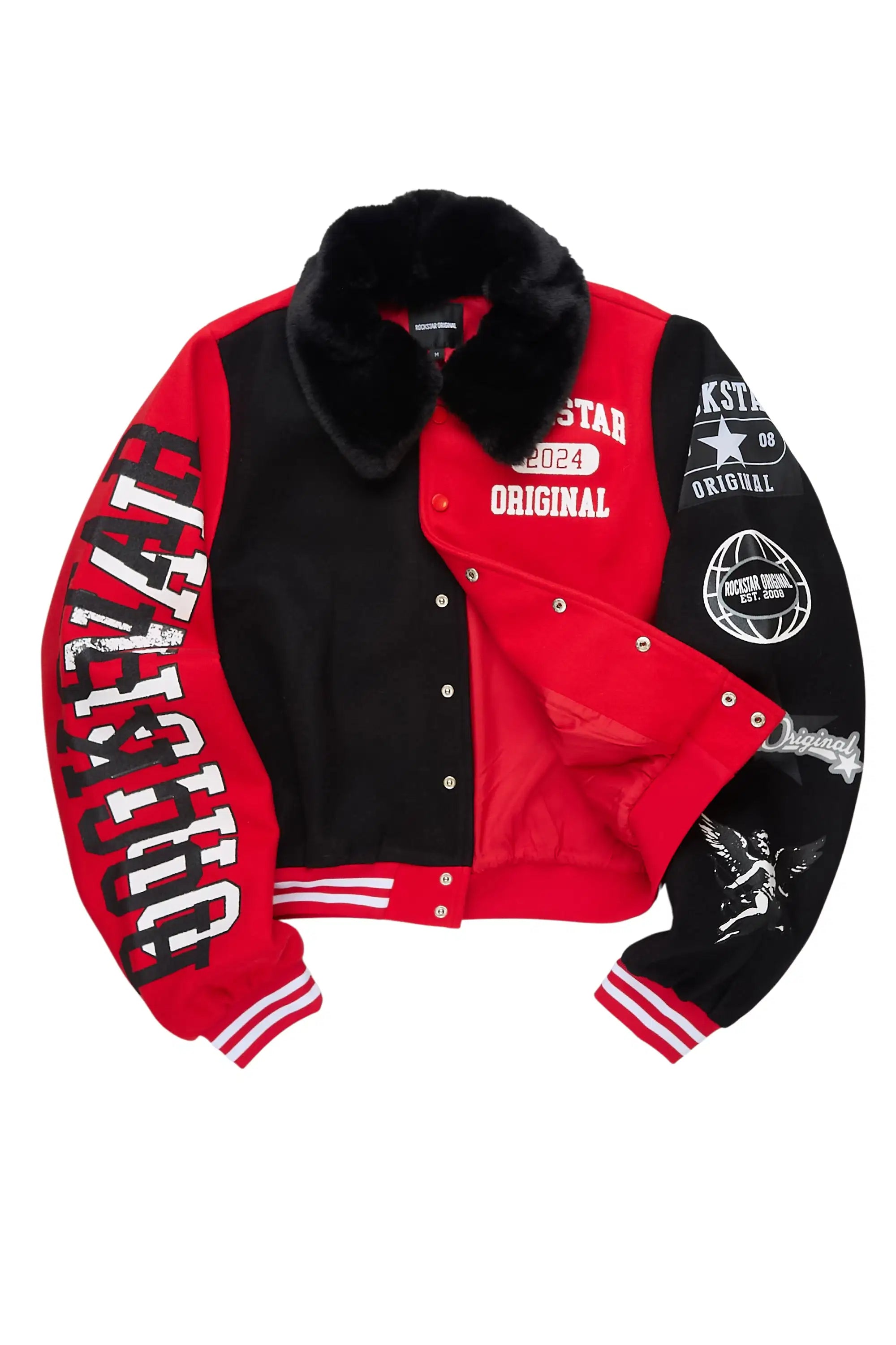 Kisha Black/Red/White Fur Collar Varsity Jacket