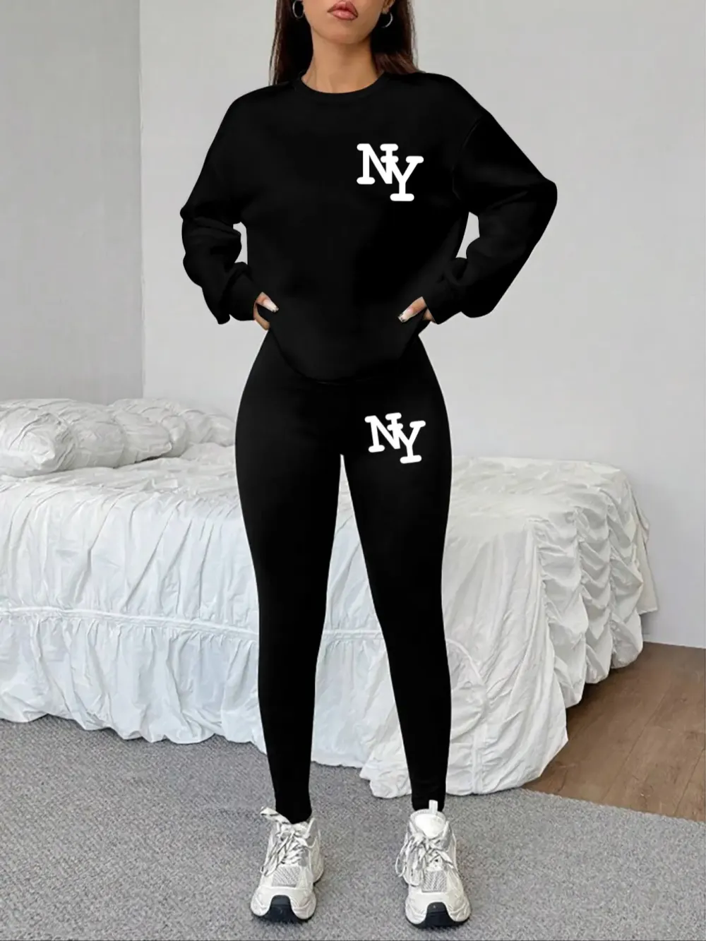 Women's 2-Piece Sweatshirt Set, Ny Letter Print, Round Neck Long Sleeve, Long Pants, Casual Fall Winter, Fitted Style