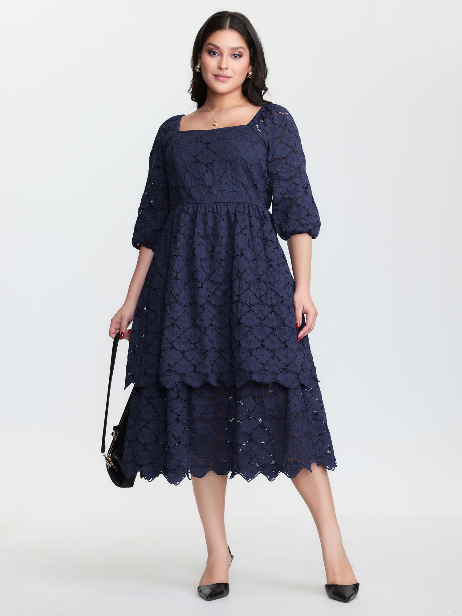 Lace Trim Stretchy Waist Tiered Midi Dress