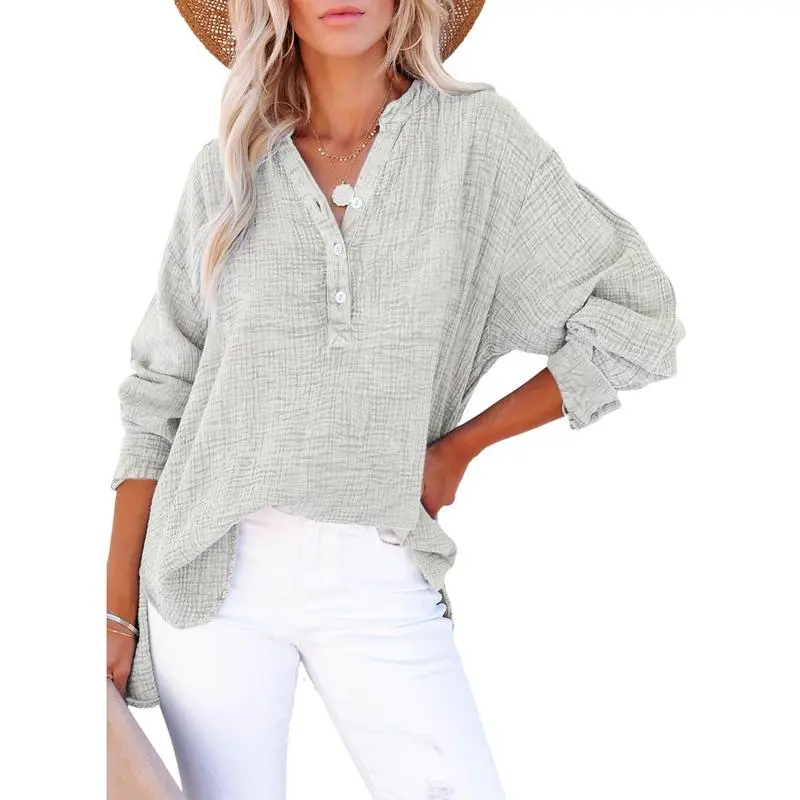 Women's Casual Button V Neck Long Sleeve Shirts Oversized Solid Blouses Tops