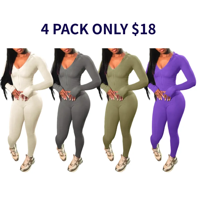 Women's Solid Color Zip Up Crop Top & High Waist Leggings Two-piece Set
