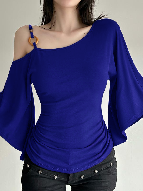 Women’s Retro Asymmetrical Beaded Shoulder Top – Slim Fit Flounce Sleeve Blouse