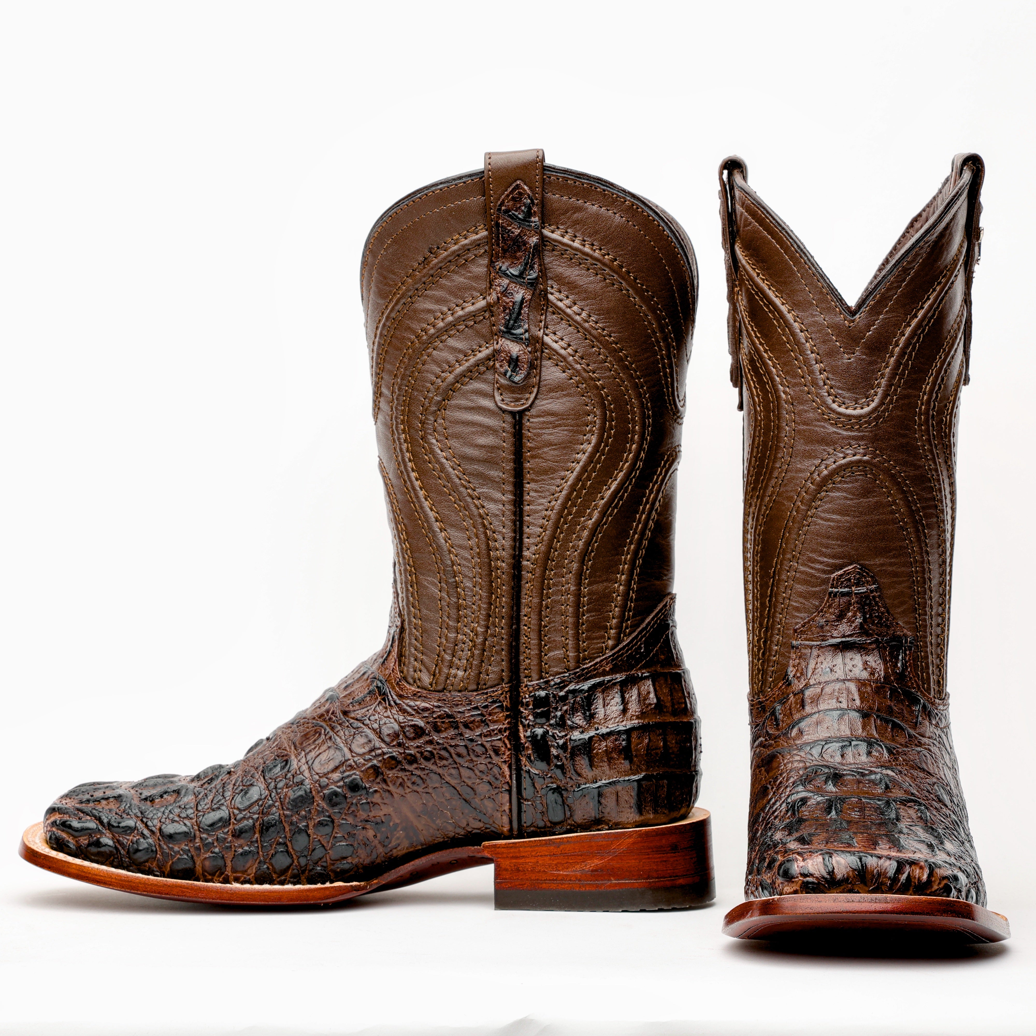 Brown Caiman Neck Leather Boots - Square Toe