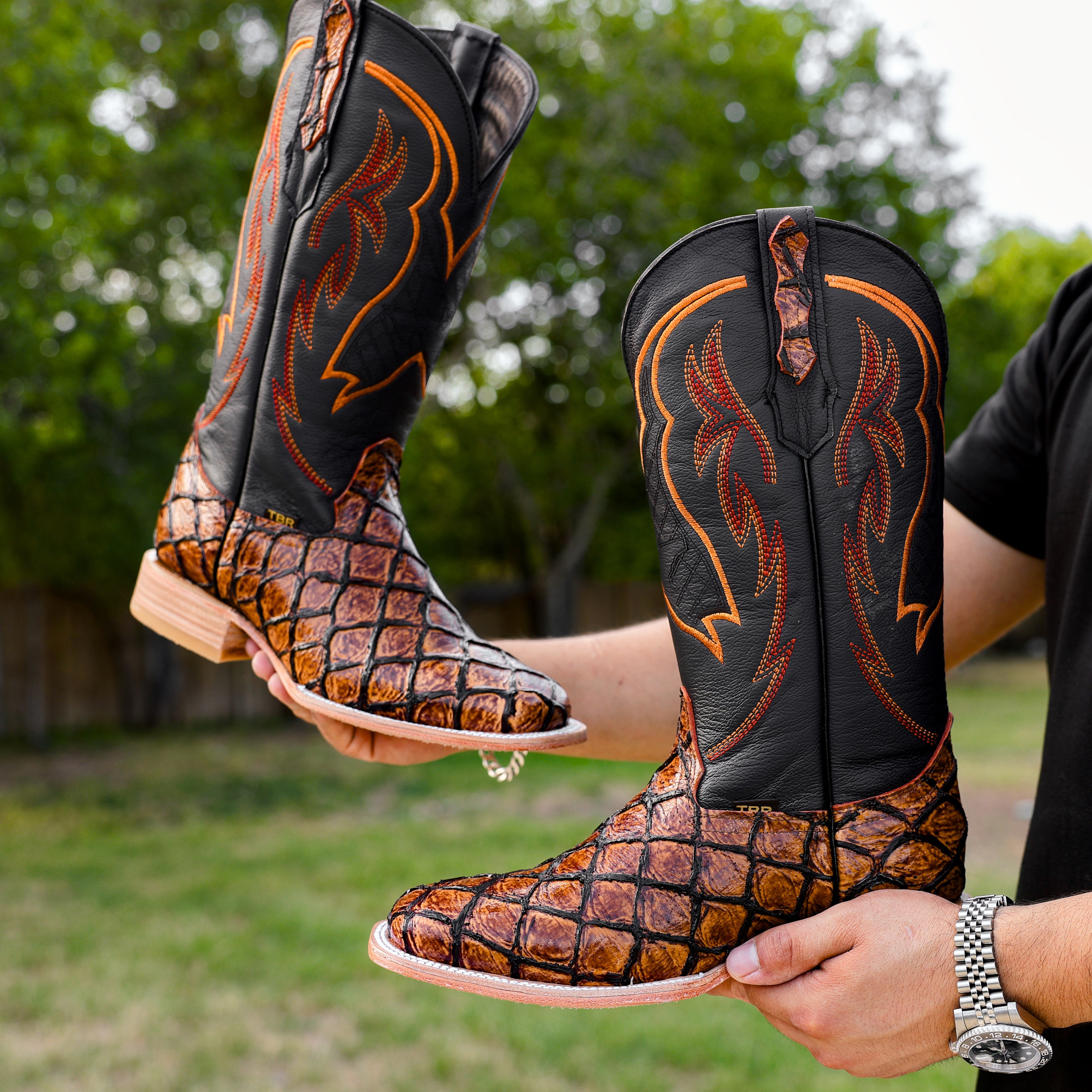 Cognac Pirarucu Leather Boots - Square Toe