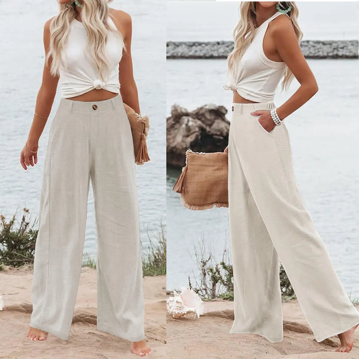 Kingapril Womens Cotton Linen Pants Casual Button Up High Waisted Wide Leg Trousers