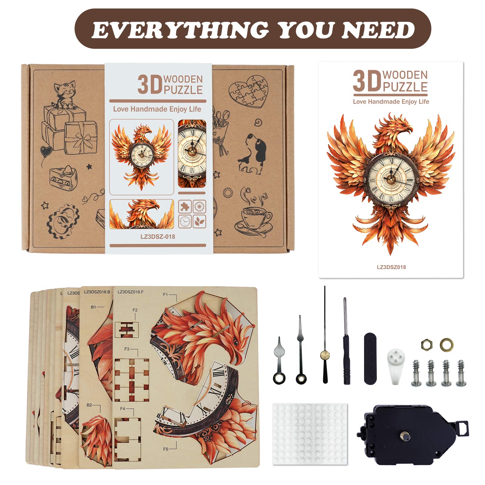 Fire Phoenix – DIY Wooden Clock, 3D Puzzle Craft Kit