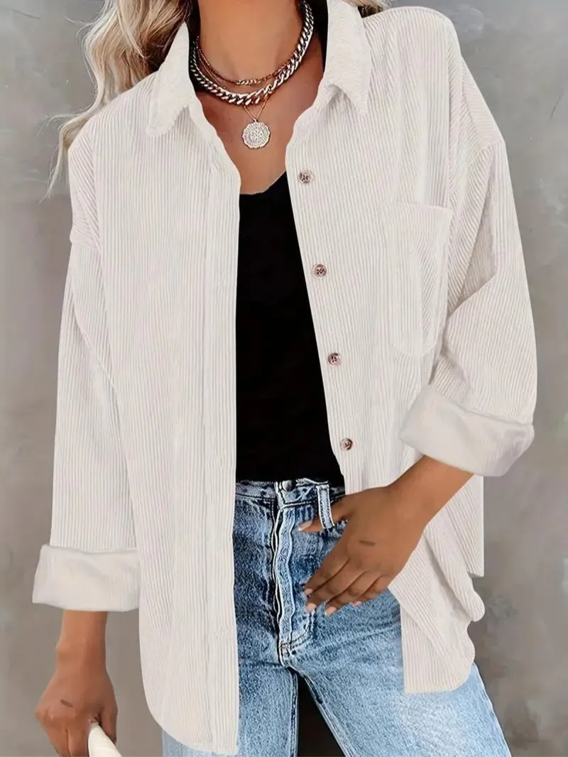 Women's Plain Pocket Button Front Corduroy Shirt