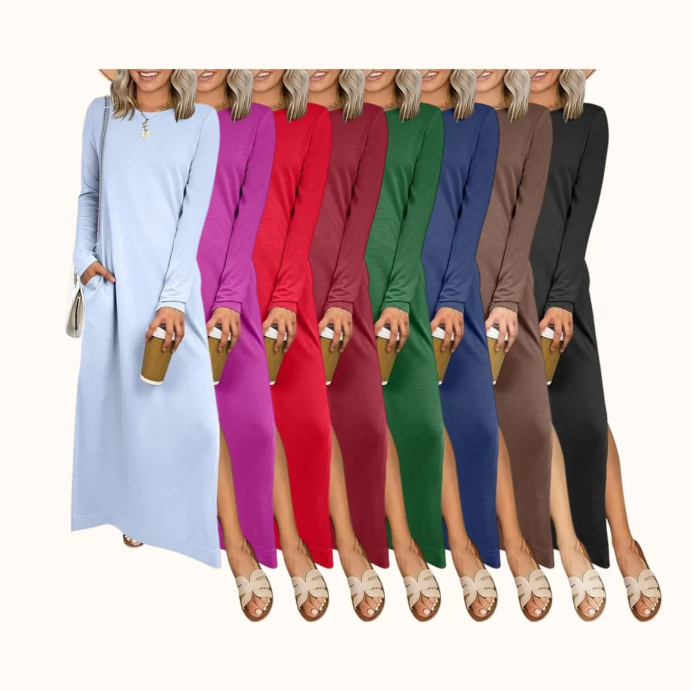 Women Long Sleeve Dresses 2026 Fall Casual Crewneck Loose Fit Split Flowy Wrinkle-Free Travel Vacation Maxi Dress