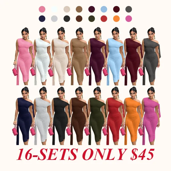 Women's Solid Asymmetrical Neck Knot Design Top & High Waist Capri Pants Two-piece Set