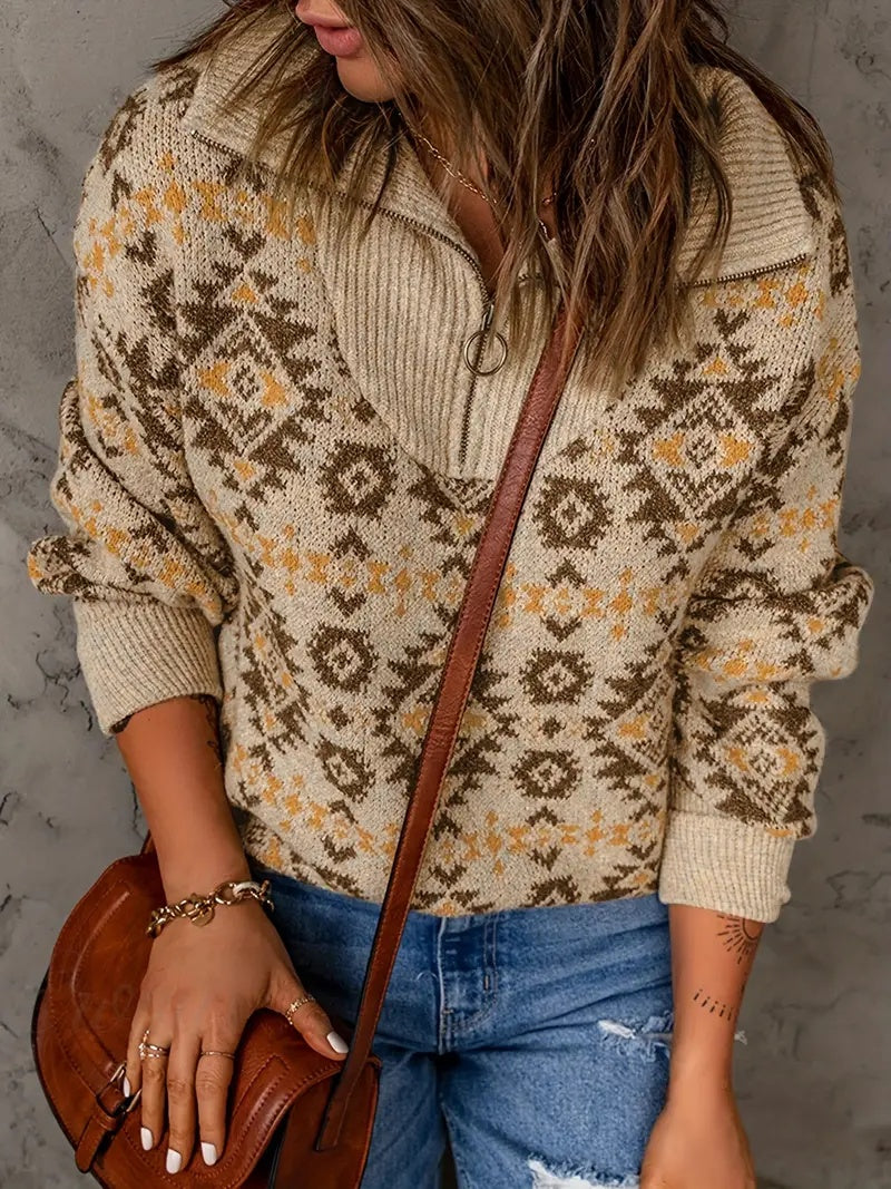 Autumn And Winter Series Turtleneck Pullover Zipper Printed Casual Ethnic Style Knitted Sweater