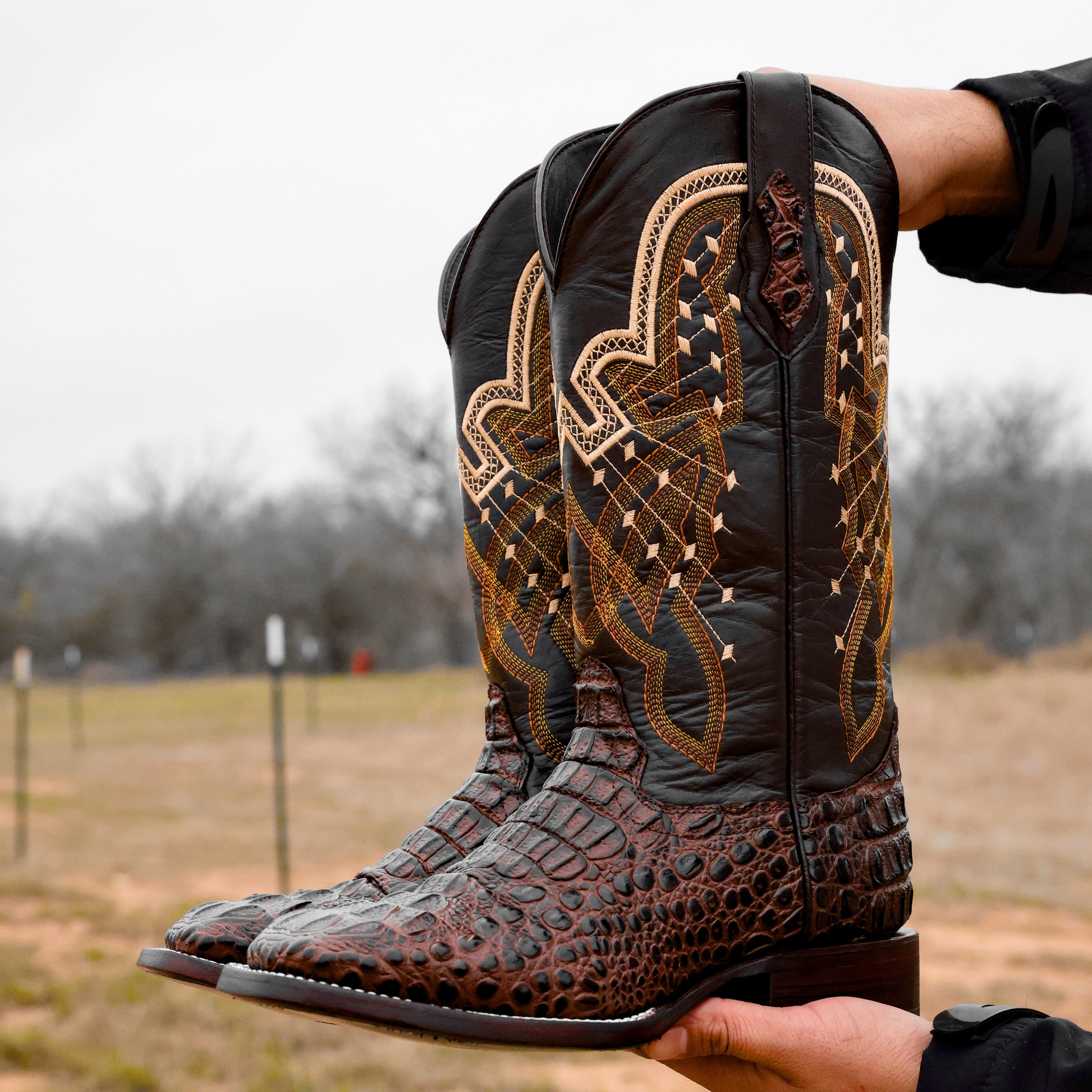 Chocolate Brown Caiman Neck Leather Boots - Square Toe