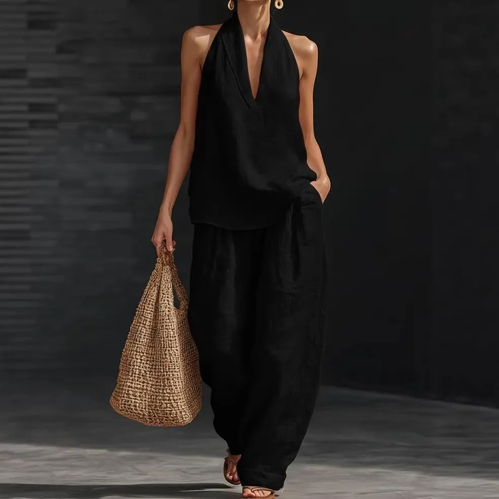 Two Piece Set - Perfect for Beach, Vacation & Brunch! Halter Neck Sleeveless Top Wide Leg Pants Set