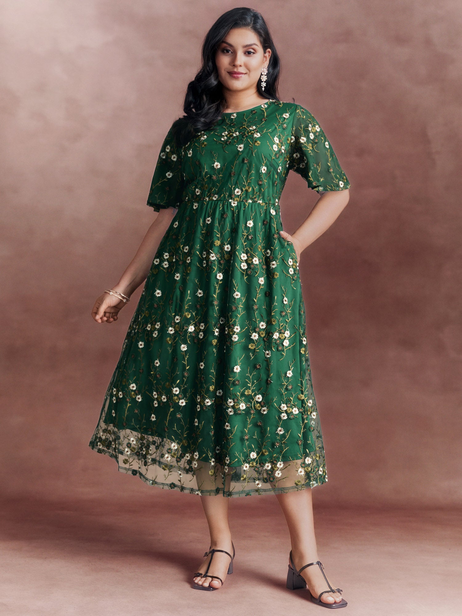 Floral Embroidered Mesh Midi Dress