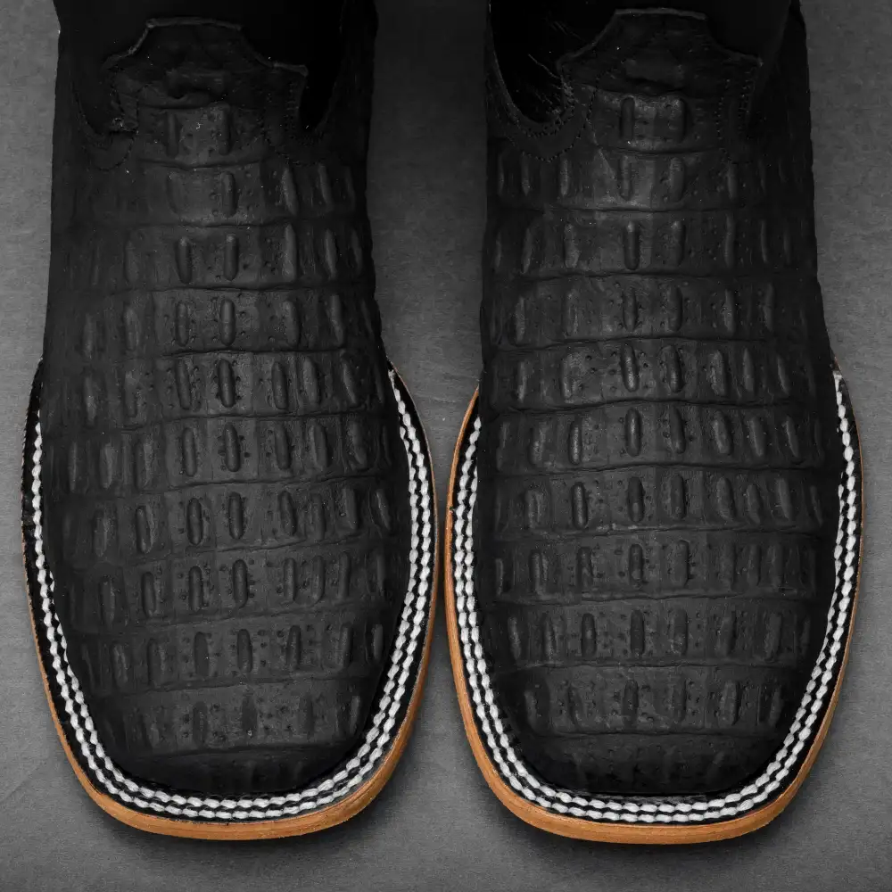 Matte Black Caiman Hornback Leather Boots - Square Toe