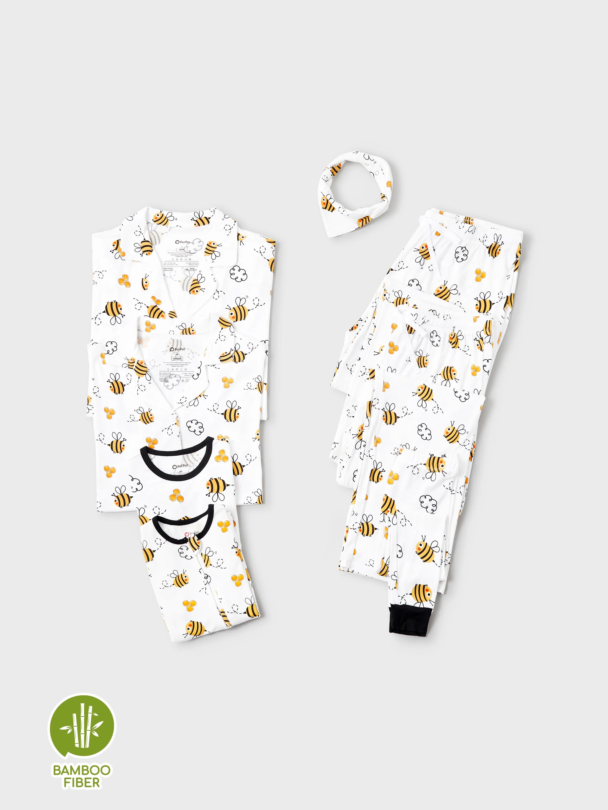 Family Matching Bamboo Pajamas Soft Bamboo Viscose PJs for Men Women Kids Toddler, Cute Bee Print Sleepwear with Short Sleeve Top and Long Pants White