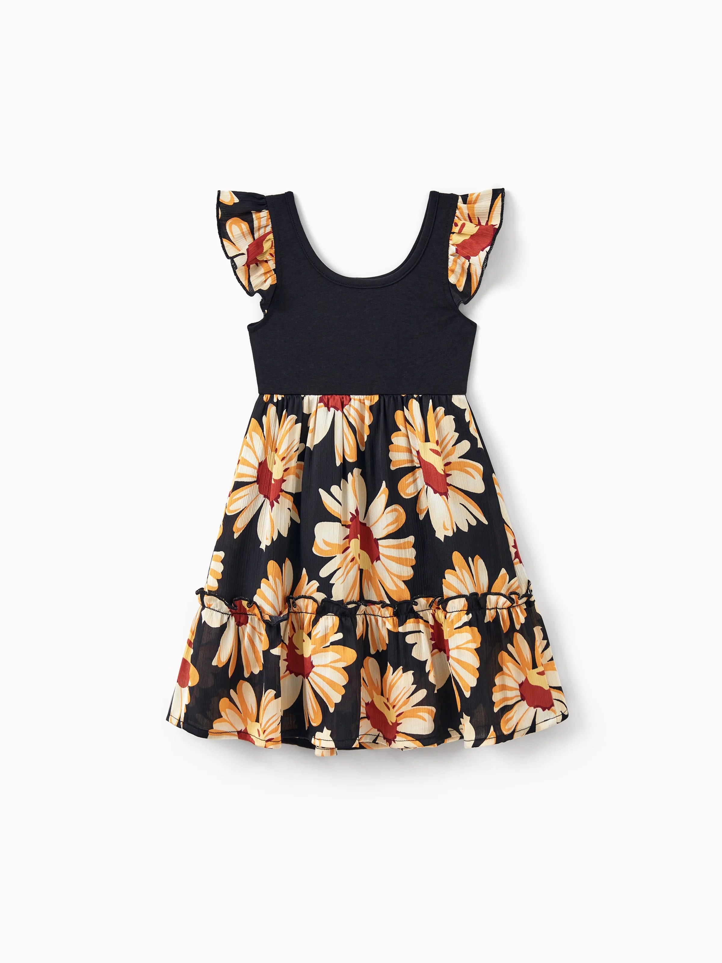 Family Matching Set Floral Sleeveless Strappy Dress or Colorblock Short-sleeve T-shirt  Black