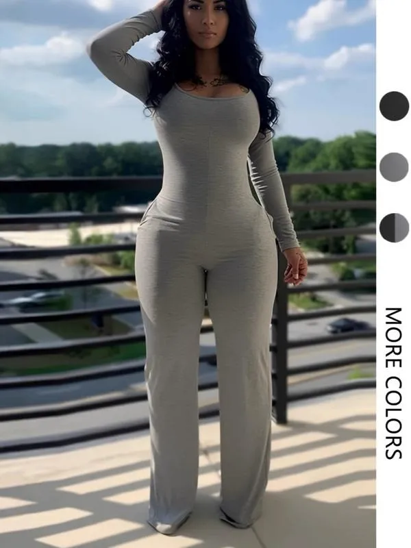 Women's Sexy Plain Long Sleeve Jumpsuit, Fall & Winter Fashion