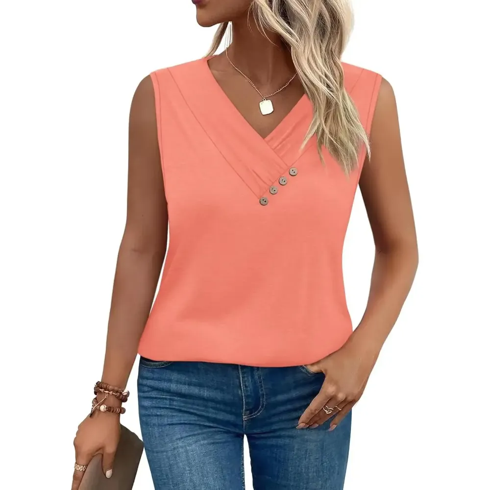 Women Summer Button Down V Neck T Shirts Sleeveless Loose Fit Fashion Tops