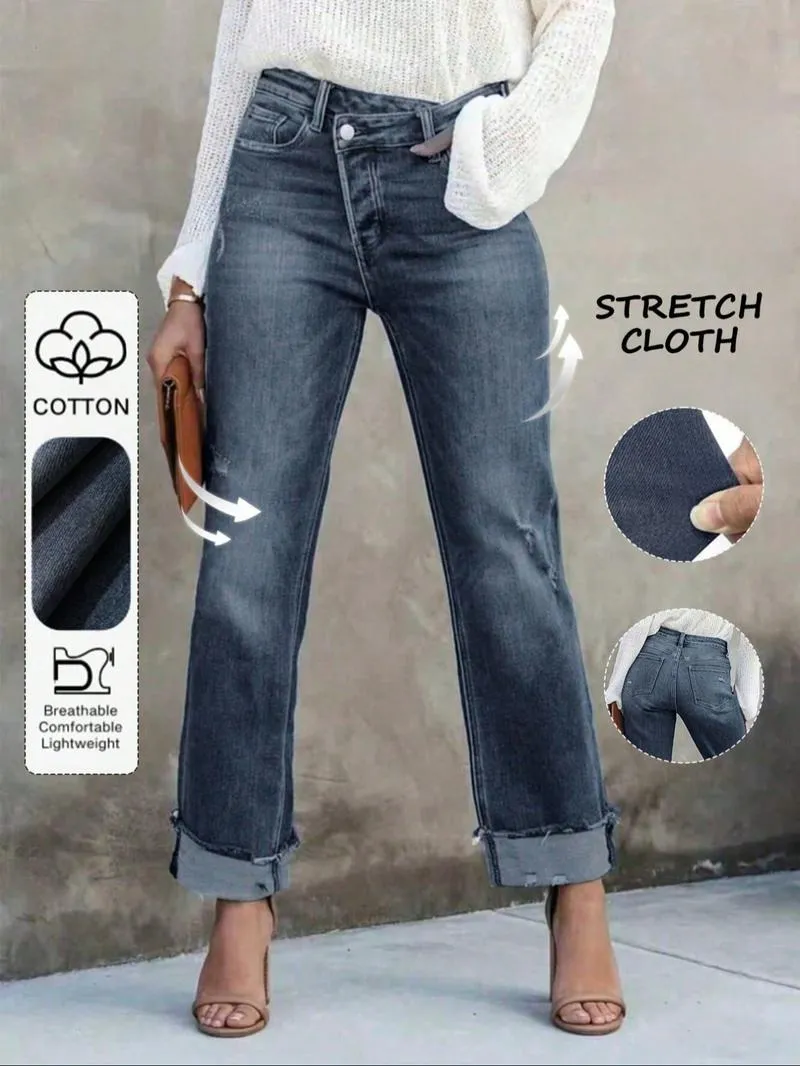 Women's Solid Color Jeans, Casual Comfy Denim Pants for Daily Wear, Ladies Bottoms for All Seasons