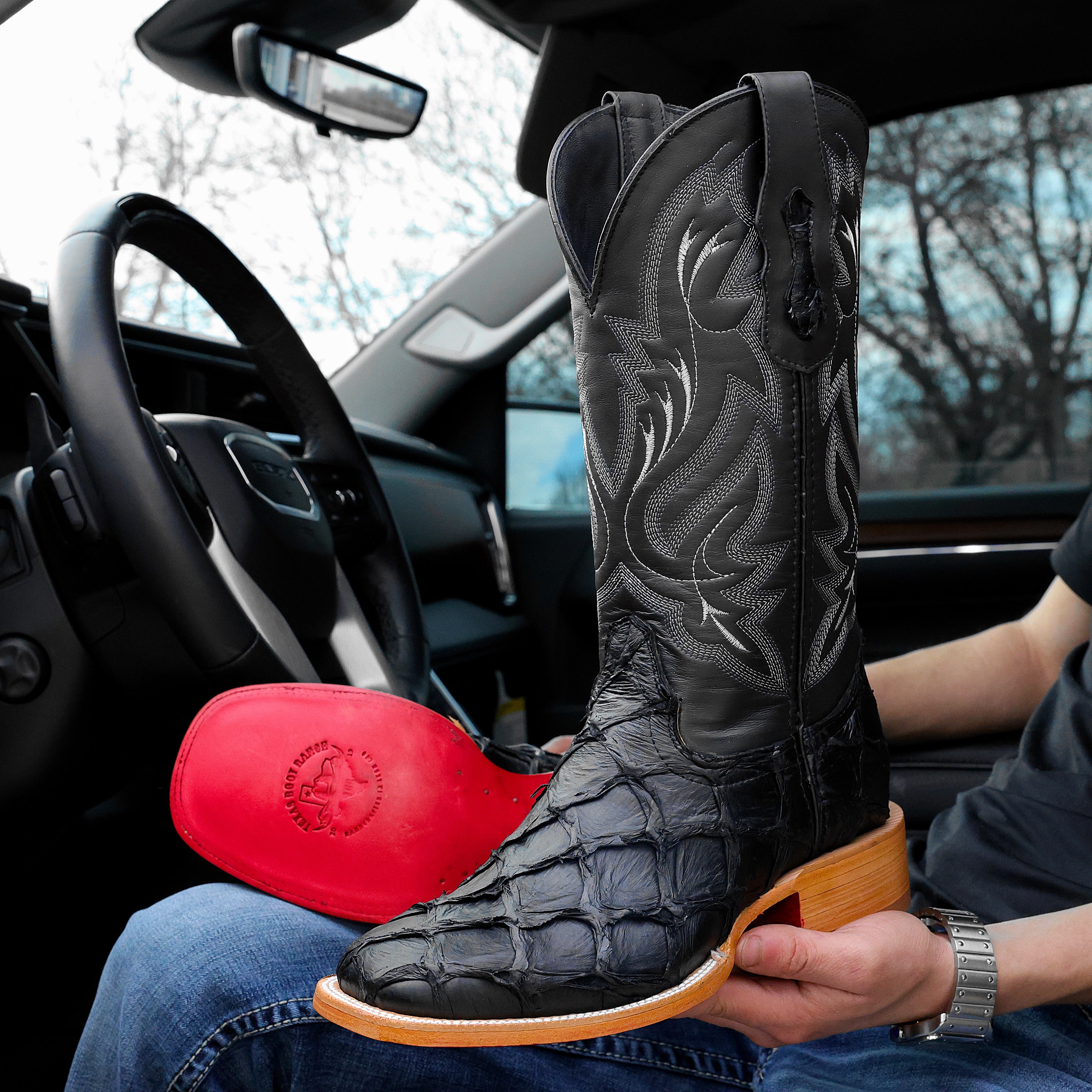 Black Genuine Pirarucu Boots - Square Toe