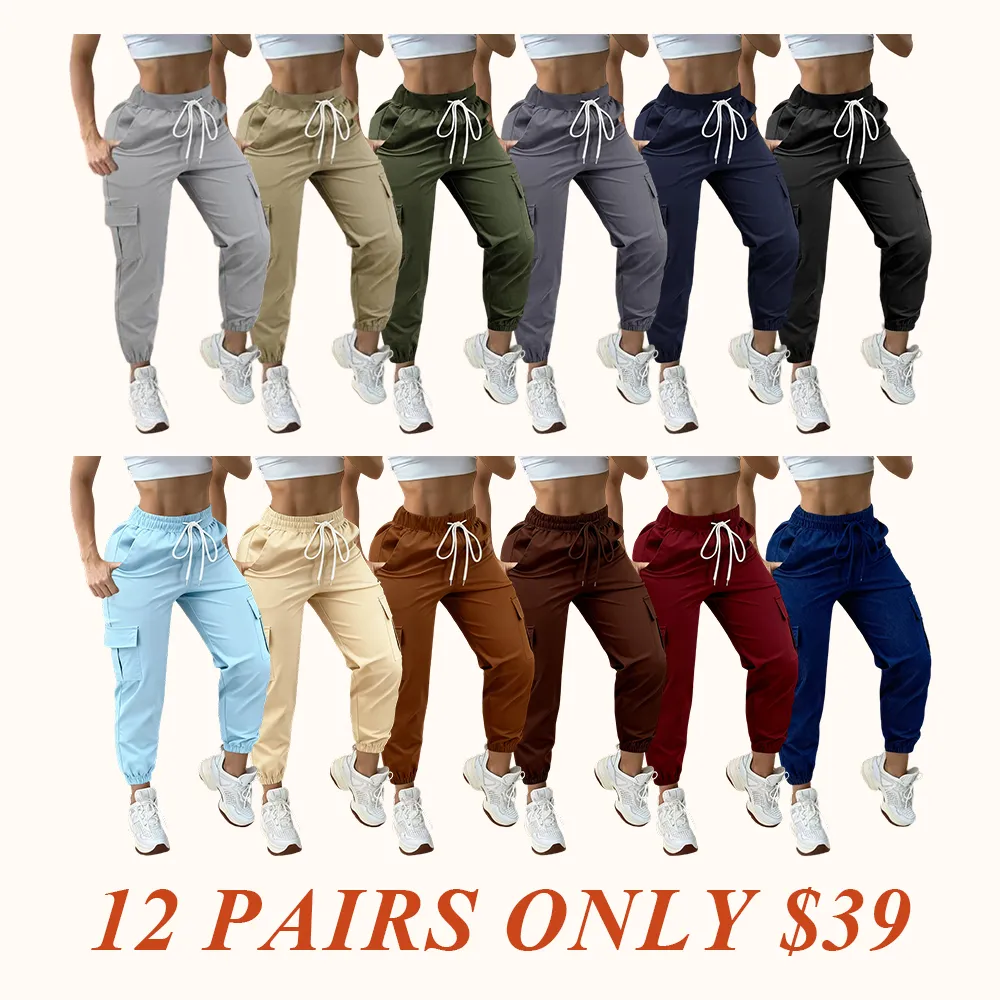 Women's Plain Drawstring Waist Cargo Pants, Casual Pocket Trousers for Daily Wear, Ladies Bottoms for All Seasons