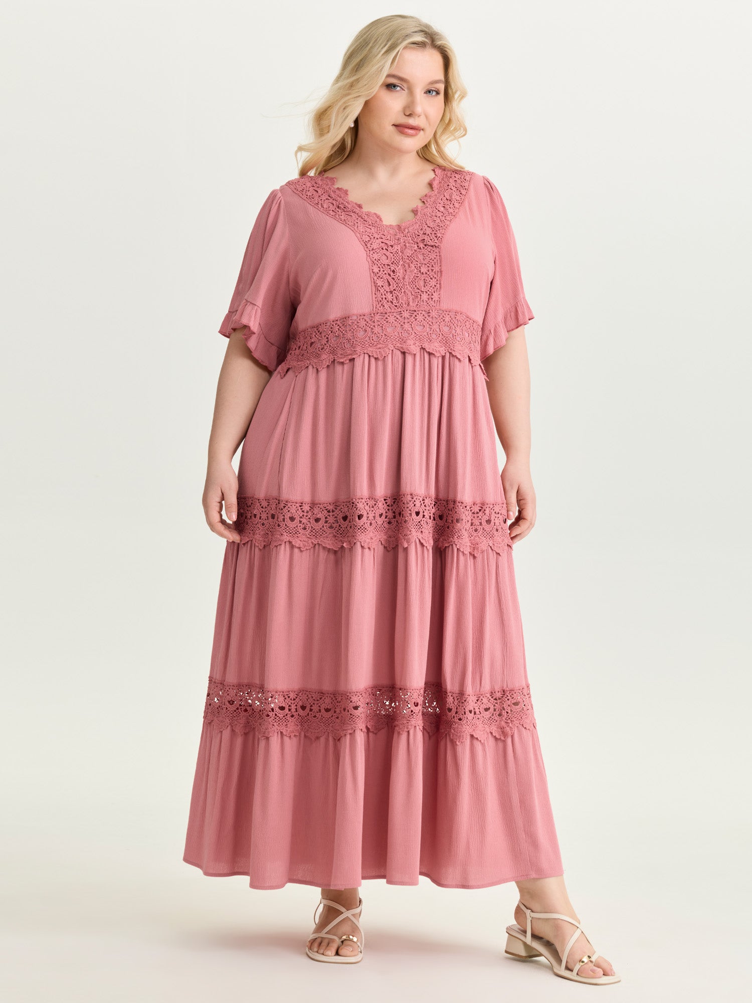 Lace Trim V-Neckline Tiered Maxi Dress