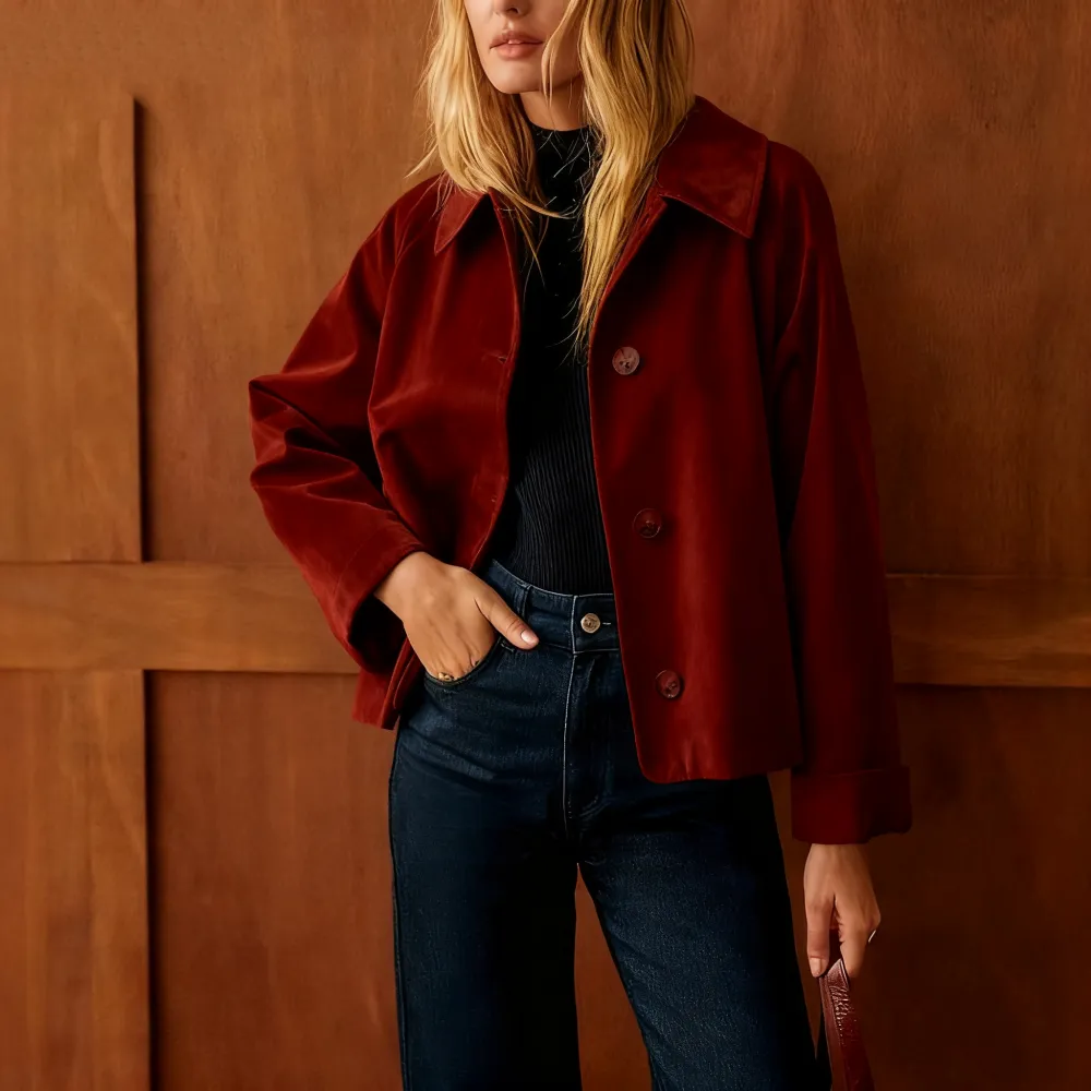 Women Casual Fall Jacket Lapel Neck Button-Down Long Sleeve Coat