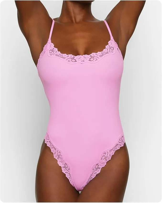 Women's Spaghetti Strap Lace Trim Breathable Bodysuit