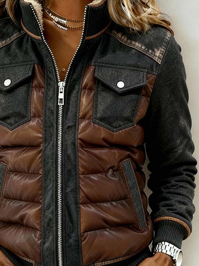 Women'S Casual Color-Blocked Hooded Cotton Jacket