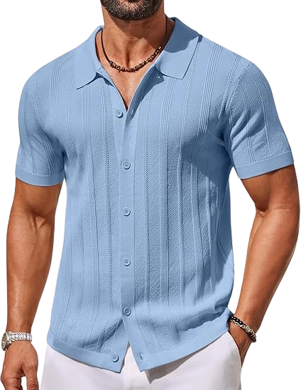 Men's Knit Button Down Shirts Short Sleeve Polo Shirt Casual Vacation Summer Beach Shirts