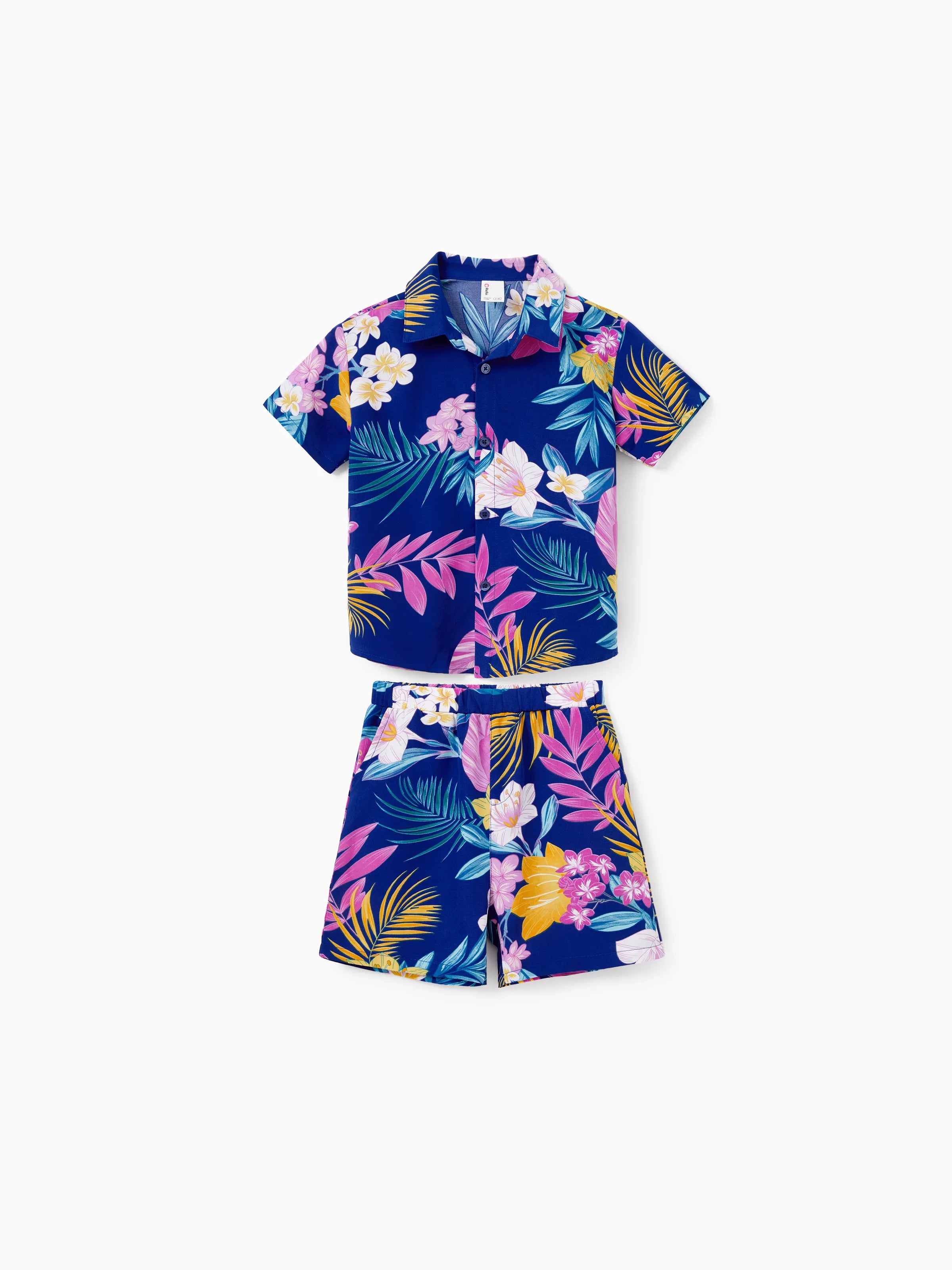 Daddy and Me Matching Family Hawaiian Outfits Tropical Floral Print Strap Dress or Short-sleeve Shirts & Shorts Set Summer Beachwear Set for Vacation  Deep Blue