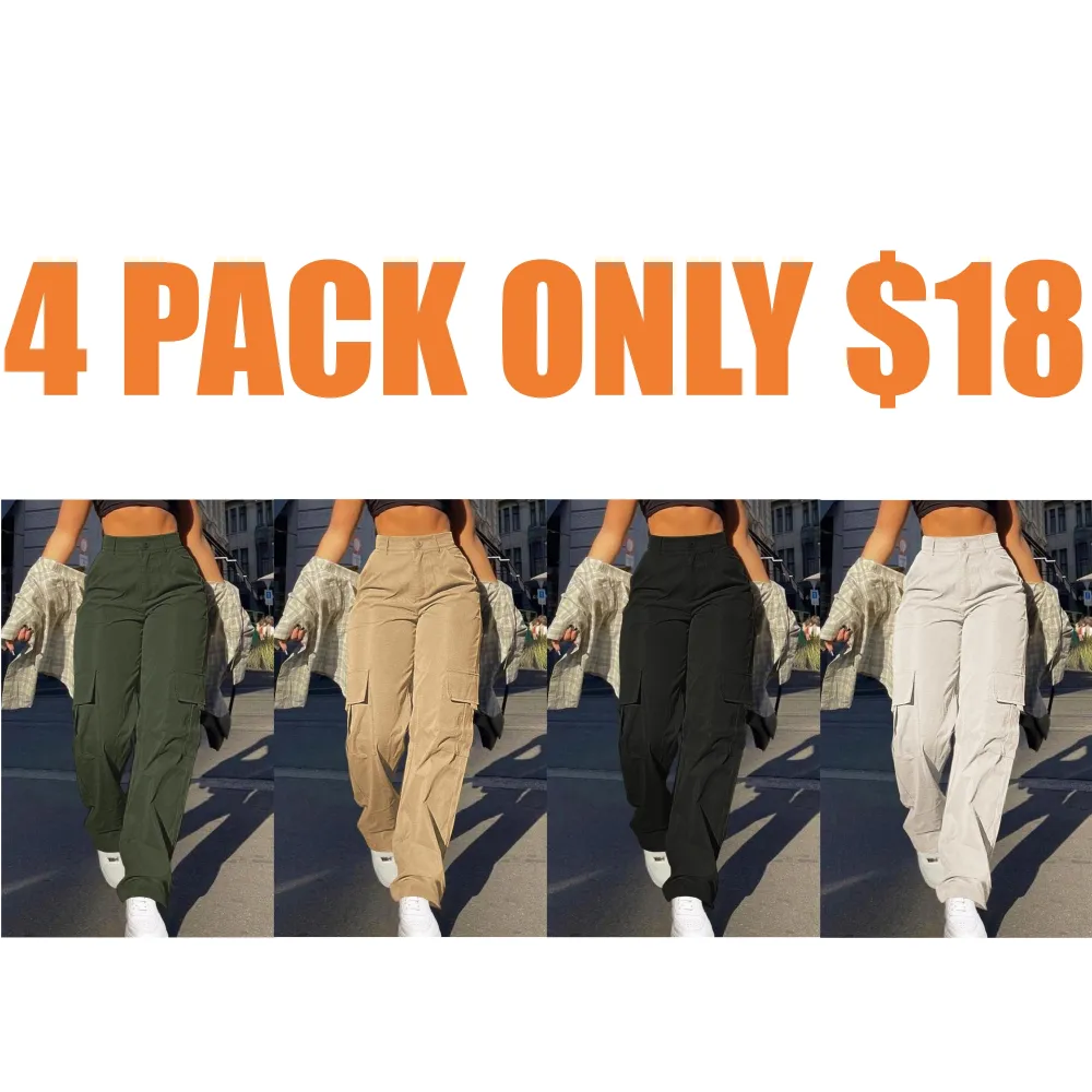 Women's Plain Flap Pocket Button High Waist Cargo Pants